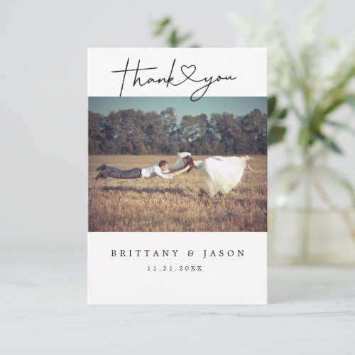 Minimalist Simple Script with Heart Wedding Photo  Thank You Card