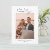 Minimalist Simple Script with Heart Wedding Photo Thank You Card (Standing Front)