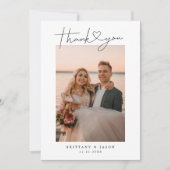 Minimalist Simple Script with Heart Wedding Photo Thank You Card (Front)