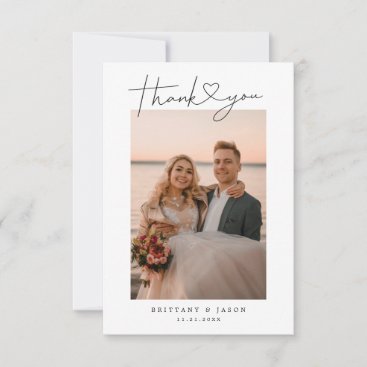Minimalist Simple Script with Heart Wedding Photo Thank You Card