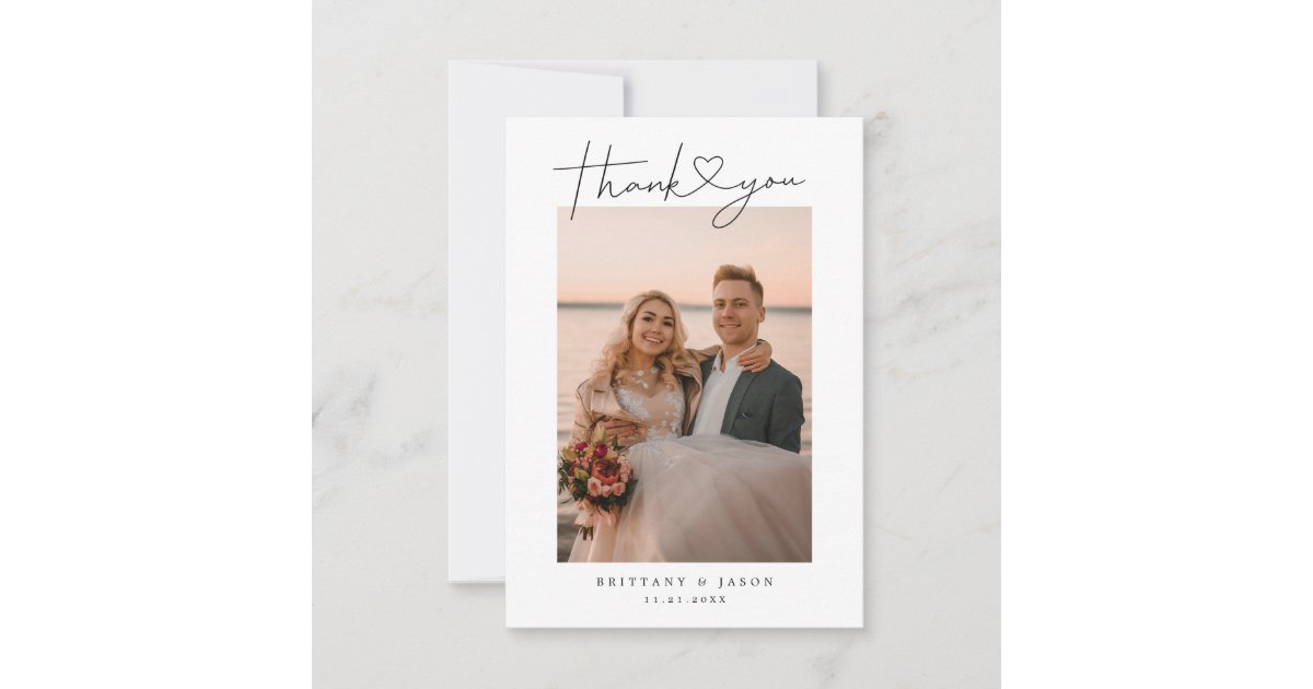Minimalist Simple Script with Heart Wedding Photo Thank You Card ...