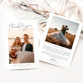 Minimalist Simple Script With Heart Wedding Photo Thank You Card by NamiBear at Zazzle