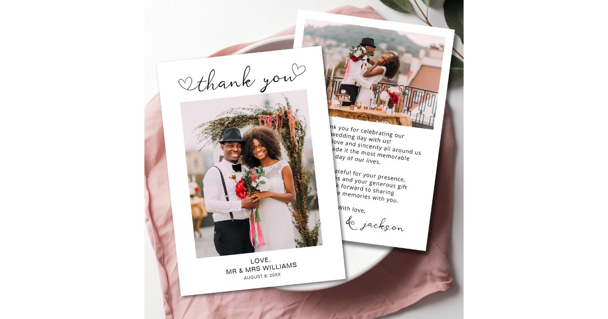 Minimalist Simple Script with Heart Wedding Photo Thank You Card | Zazzle