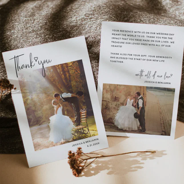 Minimalist Simple Script with Heart Wedding Photo Thank You Card | Zazzle