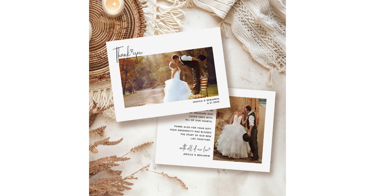 Minimalist Simple Script with Heart Wedding Photo Thank You Card | Zazzle