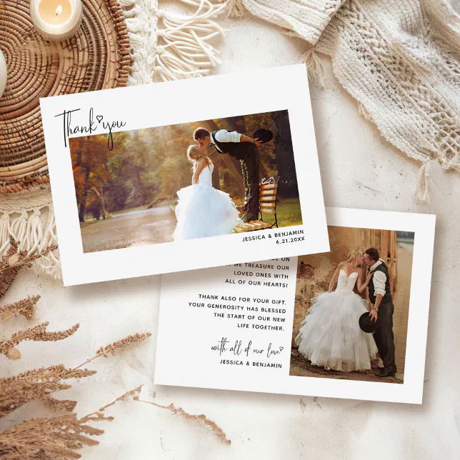 Minimalist Simple Script with Heart Wedding Photo Thank You Card | Zazzle