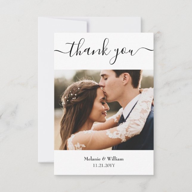 Minimalist Simple Script with Wedding Photo Thank You Card (Front)