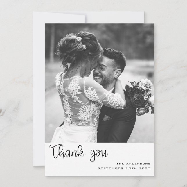 Minimalist Simple Script with Wedding Photo  Thank You Card (Front)