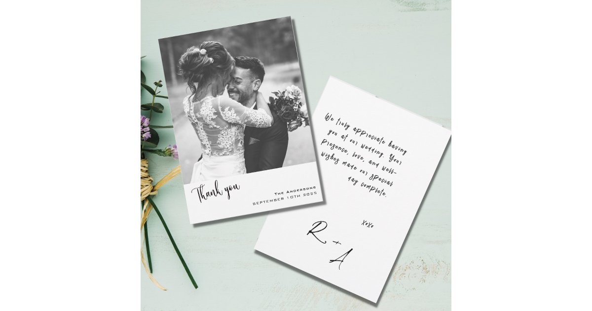 Minimalist Simple Script with Wedding Photo Thank You Card | Zazzle
