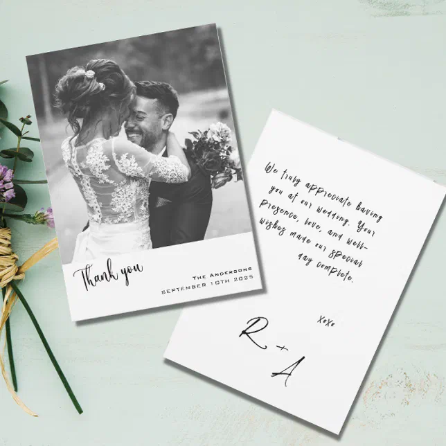 Minimalist Simple Script with Wedding Photo Thank You Card | Zazzle