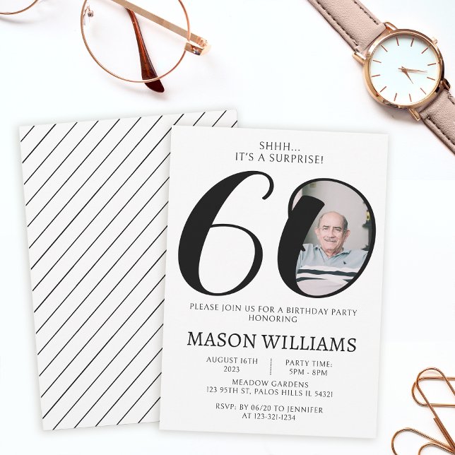 Minimalist simple surprise 60th birthday photo invitation (Creator Uploaded)