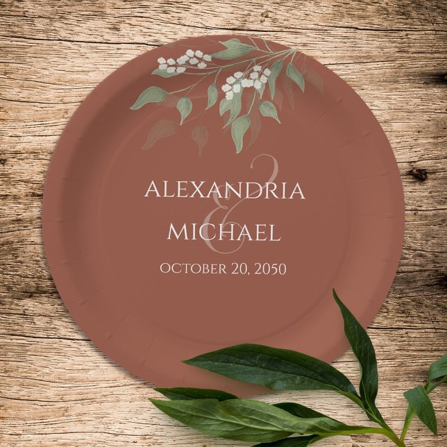 Minimalist Simple Terracotta Wedding Calligraphy Paper Plates (Creator Uploaded)