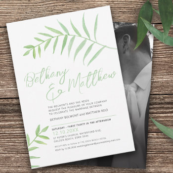 Minimalist Simple Watercolor Leaves Green White Invitation by mylittleedenweddings at Zazzle