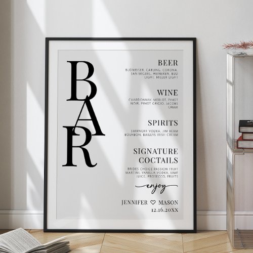 Minimalist simple wedding bar menu sign Poster