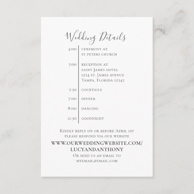 Minimalist Simple Wedding Details Timeline  Enclosure Card (Front)