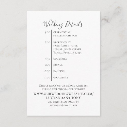 Minimalist Simple Wedding Details Timeline  Enclosure Card