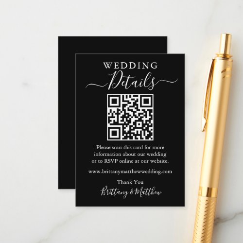 Minimalist Simple Wedding Details Website QR Black Enclosure Card