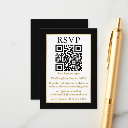 Minimalist Simple Wedding QR Black Gold RSVP Enclosure Card
