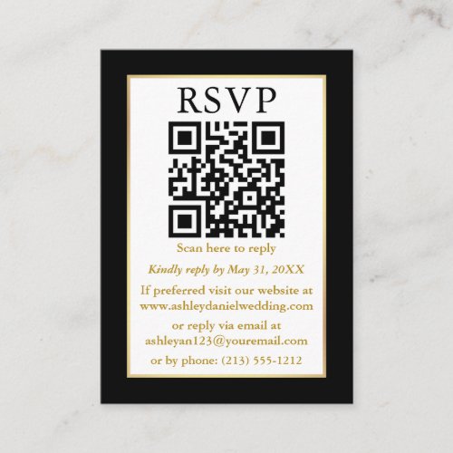 Minimalist Simple Wedding QR Black Gold RSVP Enclosure Card