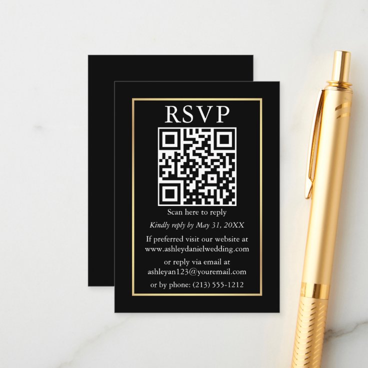 Minimalist Simple Wedding QR Gold Black RSVP Enclosure Card Zazzle