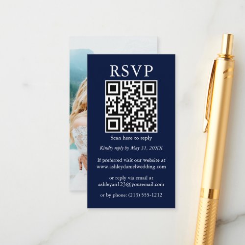 Minimalist Simple Wedding QR Photo Blue RSVP Enclosure Card