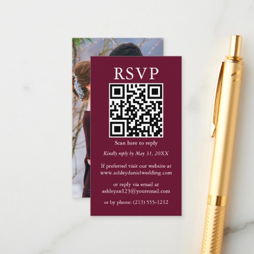 Minimalist Simple Wedding QR Photo Burgundy RSVP Enclosure Card