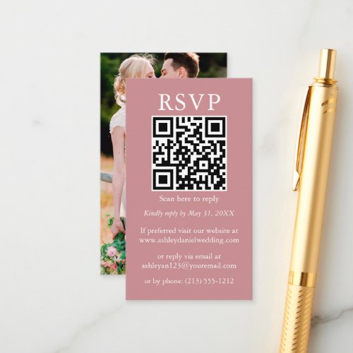 Minimalist Simple Wedding QR Photo Dusty Rose RSVP Enclosure Card