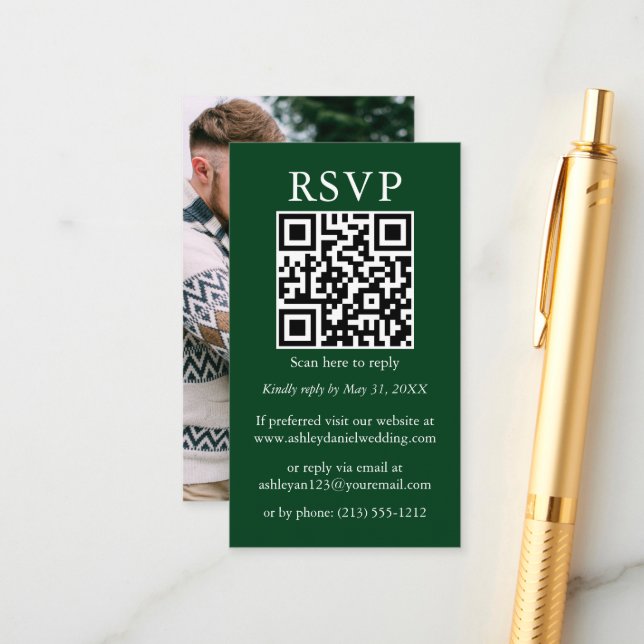 Minimalist Simple Wedding QR Photo Green RSVP Enclosure Card (Front/Back In Situ)