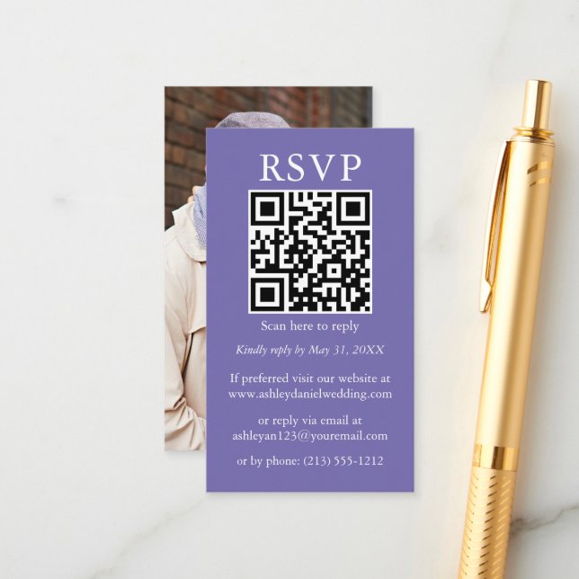 Minimalist Simple Wedding QR Photo Periwinkle RSVP Enclosure Card (Front/Back In Situ)