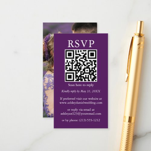 Minimalist Simple Wedding QR Photo Purple RSVP Enclosure Card