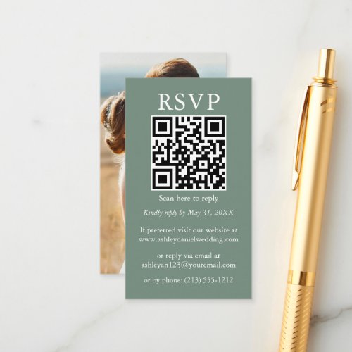 Minimalist Simple Wedding QR Photo Sage Green RSVP Enclosure Card