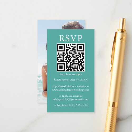Minimalist Simple Wedding QR Photo Teal RSVP Enclosure Card