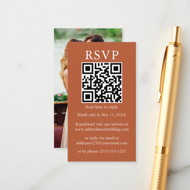 Minimalist Simple Wedding QR Photo Terracotta RSVP Enclosure Card (Front/Back In Situ)