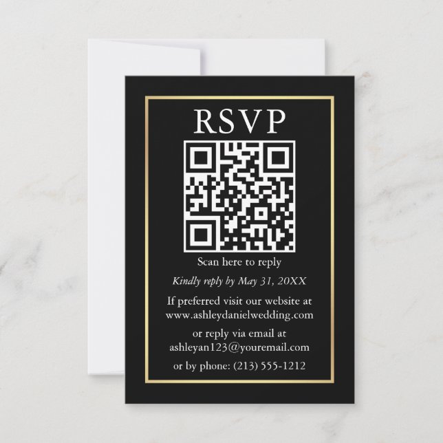 Minimalist Simple Wedding QR RSVP Black and Gold Card (Front)