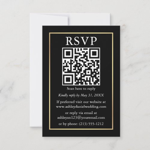 Minimalist Simple Wedding QR RSVP Black and Gold Card