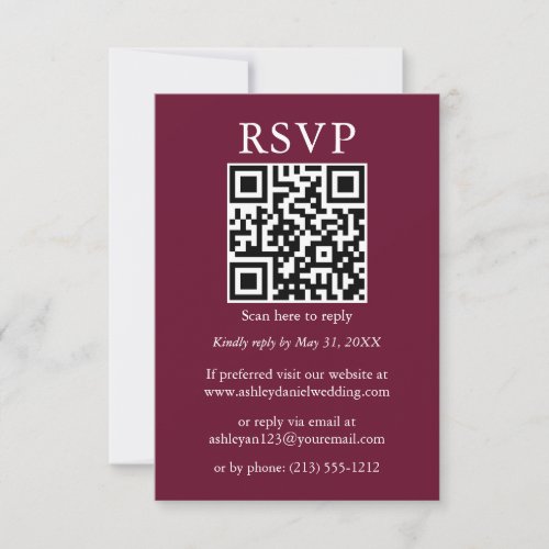 Minimalist Simple Wedding QR RSVP Burgundy Card