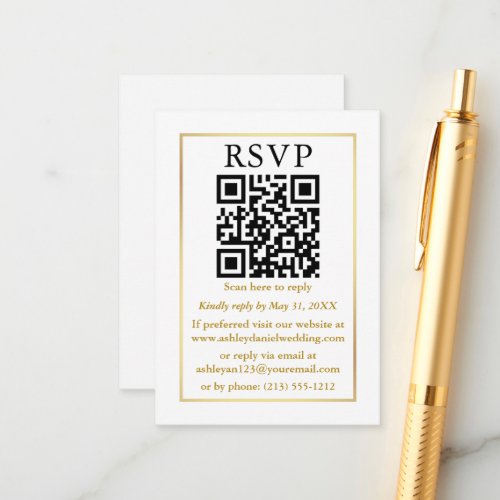 Minimalist Simple Wedding QR White Gold RSVP Enclosure Card
