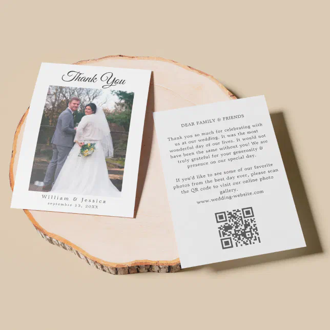 Minimalist Simple Wedding Script Photo And QR Code Thank You Card | Zazzle