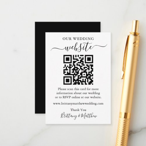 Minimalist Simple Wedding Website Black White QR Enclosure Card