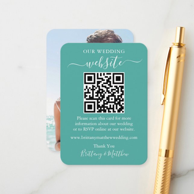 Minimalist Simple Wedding Website Photo QR Teal Enclosure Card (Front/Back In Situ)
