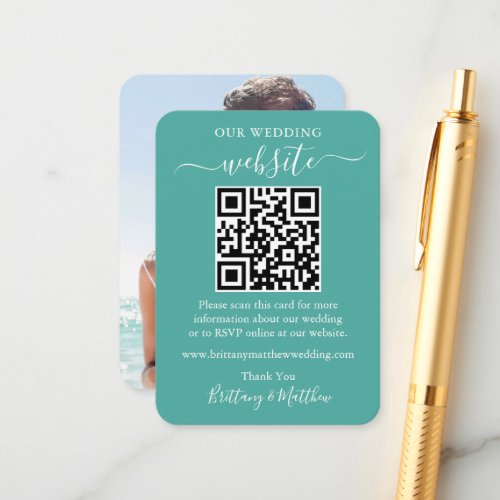 Minimalist Simple Wedding Website Photo QR Teal Enclosure Card