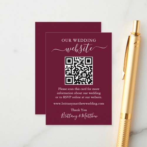 Minimalist Simple Wedding Website QR Burgundy Enclosure Card