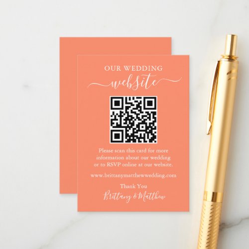 Minimalist Simple Wedding Website QR Coral Enclosure Card