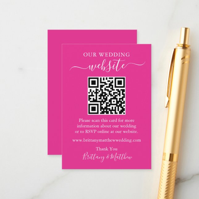 Minimalist Simple Wedding Website QR Hot Pink Enclosure Card (Front/Back In Situ)