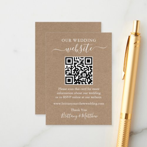 Minimalist Simple Wedding Website QR Kraft Enclosure Card