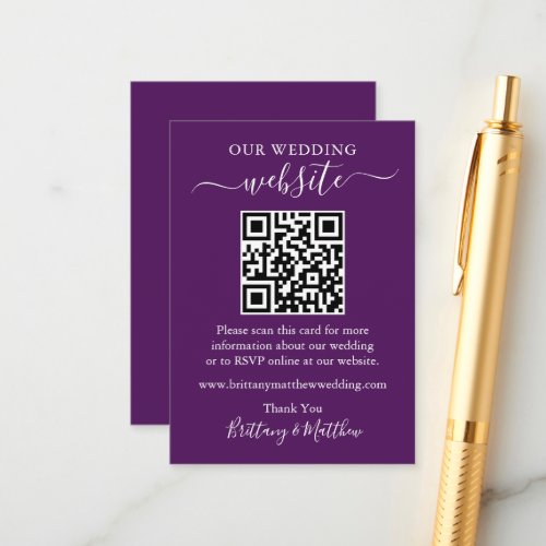 Minimalist Simple Wedding Website QR Purple Enclosure Card