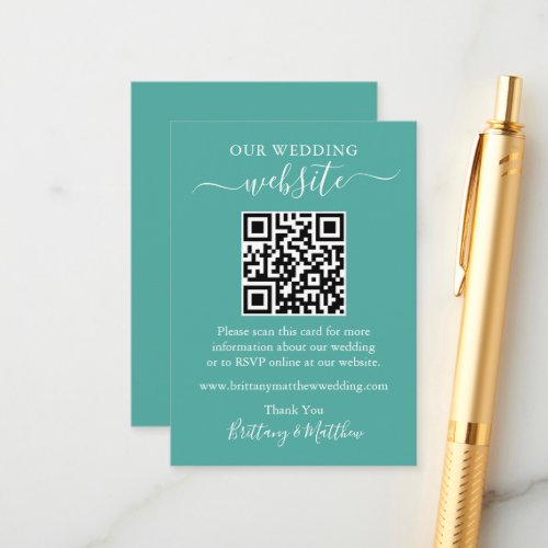 Minimalist Simple Wedding Website QR Teal Enclosure Card