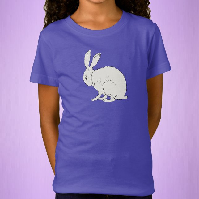 Minimalist Sitting White Rabbit black Outline T-Shirt (Pretty sitting white rabbit drawing on purple childs tee shirt.)