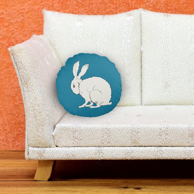 Minimalist Sitting White Rabbit side Profile Blue Round Pillow (Pretty fuzzy white sitting bunny rabbit on dark blue round throw decorative pillow.)