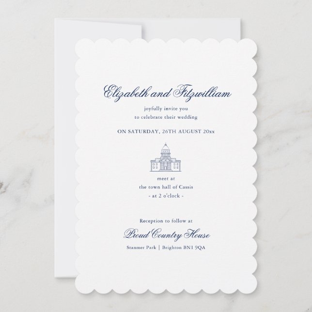 Minimalist Sketch Bridal Bouquet Scalloped Wedding Invitation (Back)